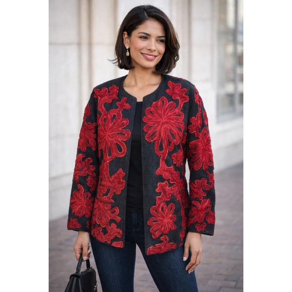 Chicos Design Jackets & Blazers - Chicos Design Black Red Floral Embroidered Wool Blend Jacket Size 1